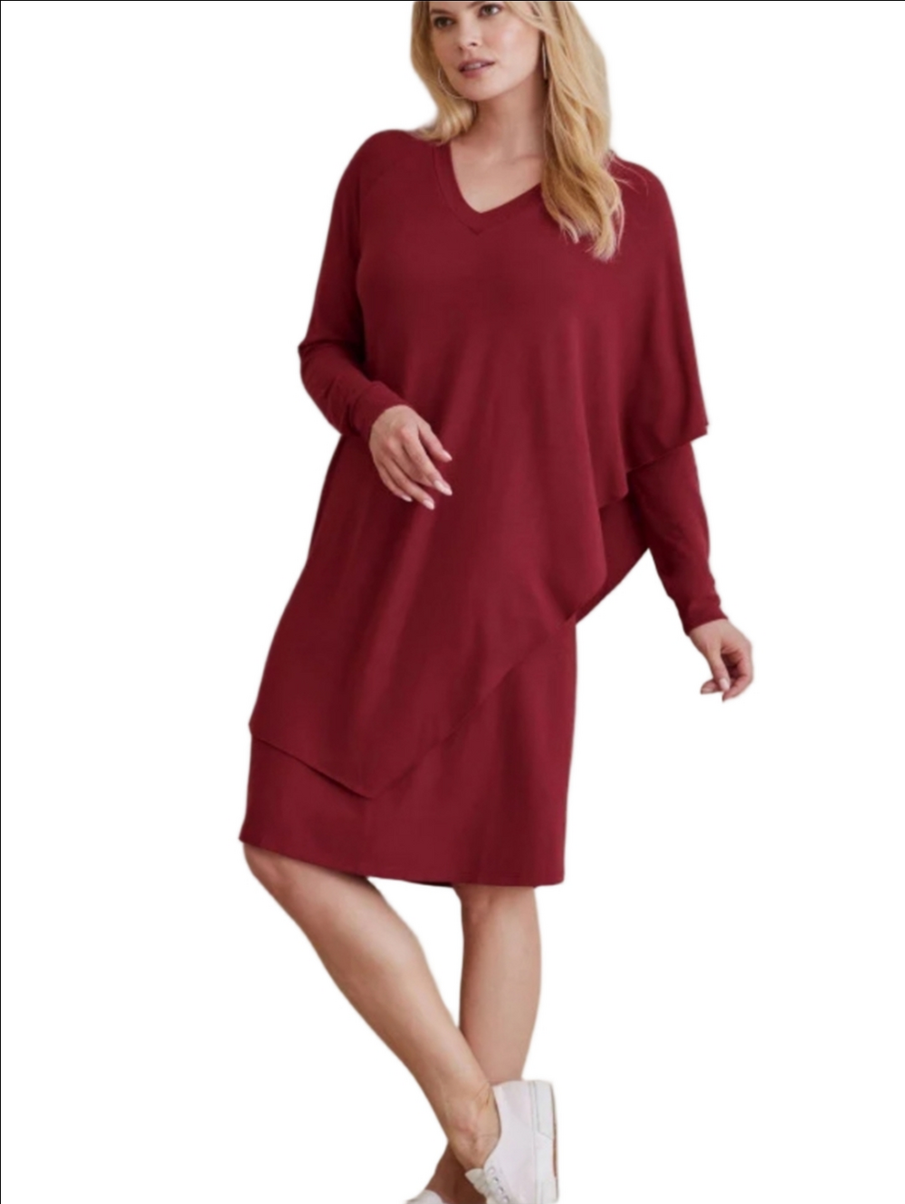 Soft Surroundings Marla Cabernet Soft Stretch Knit Asymmetrical Layered Dress